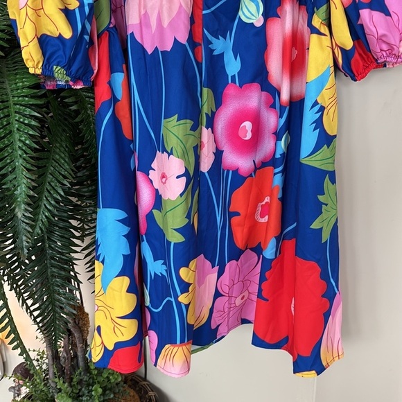 NWOT Colorful Floral Mini Dress Puff Sleeves Bow Tie Neckline Multicolored Mod - Picture 8 of 13